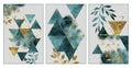 illustration modern artwork. turquoise and golden triangles with tree branches on gray background.