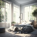 Illustration of modern bedroom with large french windows, minimal furniture, and an unmade bed