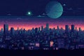 Illustration of a modern city with skyscrapers, night time. Pixel art. Generative AI