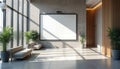 Illustration of a modern corporate lobby interior. There is a blank presentation screen on the wall. Lobby includes couches green Royalty Free Stock Photo