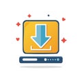 Illustration of a modern download icon with blue arrow on yellow computer screen Royalty Free Stock Photo