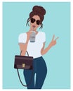 Illustration, modern girl in jeans and sunglasses with a disposable glass of coffee. Print, poster, clip art