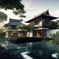 Japanese-Inspired House in Bali Surrounded by a Large Water Garden
