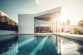 Illustration of modern light house with big windows and swimming pool. Generative AI technology. Royalty Free Stock Photo