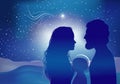 Christmas nativity scene. Silhouette profiles with Joseph - Mary - baby Jesus and star comet Royalty Free Stock Photo