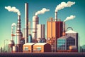 illustration of a modern plastics manufacturing plant with tall industrial structures and smokestacks against a blue sky