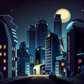 Illustration of modern skyscrapers of downtown at night