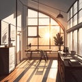 Illustration of a modern, well-lit apartment with large windows, Generative Ai