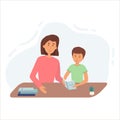 Illustration of a mom praising her son after he finished his homework. Lesson with mom or tutor. flat. vector