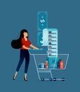 illustration of Moms or parents push shopping trolleys containing basic needs or groceries. household monthly shopping and