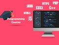 Illustration monitor and programming courses, online coding lessons. Vector EPS10