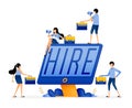 Illustration of a monitor with the words hire. Job seekers who use technology to find match job vacancies. Designed for website,
