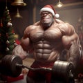 Illustration of a monkey with body of a bodybuilder man holding heavy barbell with Christmas hat on Royalty Free Stock Photo