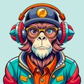 a monkey in a hat and glasses with headphones. Royalty Free Stock Photo