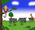 The illustration of a monkey sitting on a tree watching rhinos fighting