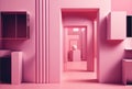 An illustration of the monochrome interior of a pink building with pink furniture. Abstract image with geometrical lines and