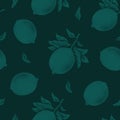 Illustration of monochrome lemon fruits on a branch with leaves isolated on a green background. Pencil drawing seamless pattern.