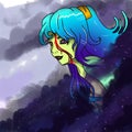 Illustration of a monster girl with green skin, blue hair and purple eyes, a zombie girl drawing