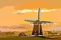 Geese flying against the sunset on the Dutch windmill illustration