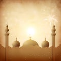 Illustration with Mosque and fireworks in beige or brown colors. Greeting card for Islamic New Year. Generated ai