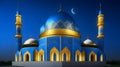 Illustration of mosque with golden domes and blue dome at night Royalty Free Stock Photo