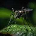 Illustration of a mosquito perched on a green leaf in extreme close-up created with Generative AI technology Royalty Free Stock Photo