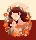 Illustration of mother cuddling her child. Bright flowers in the background.