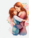 Illustration of a mother and daughter cuddling one other during Mother\'s Day.