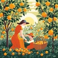 illustration of Mother and Daughter farmer picking carefully ripe generative AI
