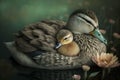 Adult mother duck cradling her duckling, generative Ai