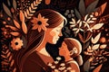 Illustration of mother with her little child, flower in the background. Concept of mothers day, mothers love, relationships.