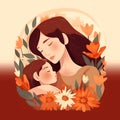 Illustration of mother holding her small child. Flowers in the background. Concept of Mother\'s Day.