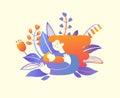 Illustration of the mother hugging and cuddling newborn baby. Mother embracing her child. Lieves and flowers in the