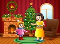 Mother and little girl want to decorate a christmas tree