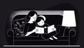 illustration mother mum reading fairy tale book to child daughter at home. Babysitter, nanny, caretaker babysitting with