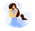 Illustration for mother's day or world breastfeeding day. Mom and child. A young loving mother hugs a newborn