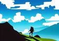 Illustration of a mountain climber silhouetted against a stunning mountain backdrop with a blue sky and white clouds Royalty Free Stock Photo