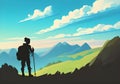 illustration of a mountain climber silhouetted against a beautiful mountain backdrop with a blue sky and white clouds Royalty Free Stock Photo