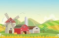 Illustration Of Mountain Countryside With Red Farm Barn