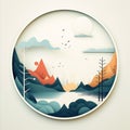 an illustration of a mountain landscape in a circular frame