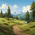 an illustration of a mountain landscape with a dirt road and trees