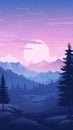 an illustration of a mountain landscape with pine trees at sunset Royalty Free Stock Photo