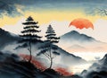 Illustration of a mountain landscape with pine trees, sunset and sun. Generative AI Royalty Free Stock Photo