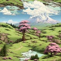 an illustration of a mountain landscape with pink trees Royalty Free Stock Photo