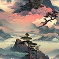 an illustration of a mountain landscape with trees and clouds Royalty Free Stock Photo