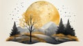 an illustration of a mountain landscape with trees and a full moon Royalty Free Stock Photo