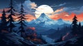 an illustration of a mountain landscape with trees and a full moon Royalty Free Stock Photo