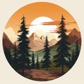 an illustration of a mountain landscape with trees and a sun in the background Royalty Free Stock Photo