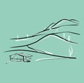 Illustration. A mountain range and a house. A sketch in a linear style. Royalty Free Stock Photo