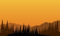 Illustration of mountain scenery with forest at sunset in the afternoon. Vector illustration Royalty Free Stock Photo